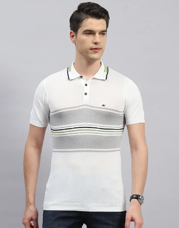 Men's short-sleeve casual stone gray tee-Men White Stripe Polo Collar Half Sleeve T-Shirt