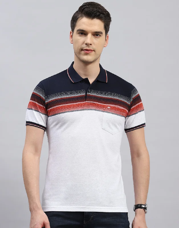 Men's short-sleeve soft trendy-bright-deep-classic-angling tee-Men White Stripe Polo Collar Half Sleeve T-Shirt