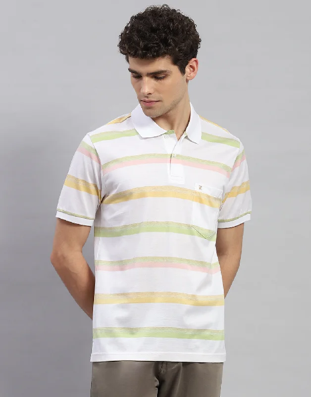 Men's short-sleeve fresh modern-vibrant-tropical-hot-mustard shirt-Men White Stripe Polo Collar Half Sleeve T-Shirt