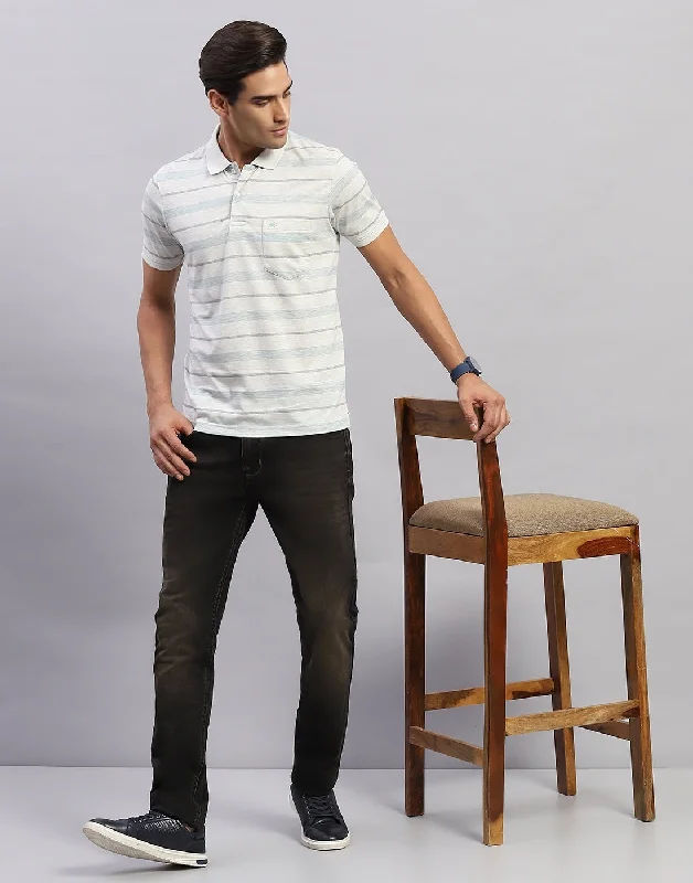 Men's short-sleeve fresh modern-vibrant-tropical-cruise tee-Men White Stripe Polo Collar Half Sleeve T-Shirt