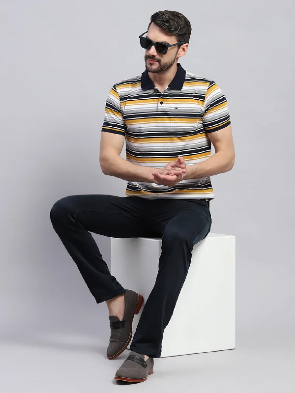 Men's short-sleeve subtle soft-trendy-crisp-textured tee-Men Yellow & White Stripe Collar Half Sleeve T-Shirt