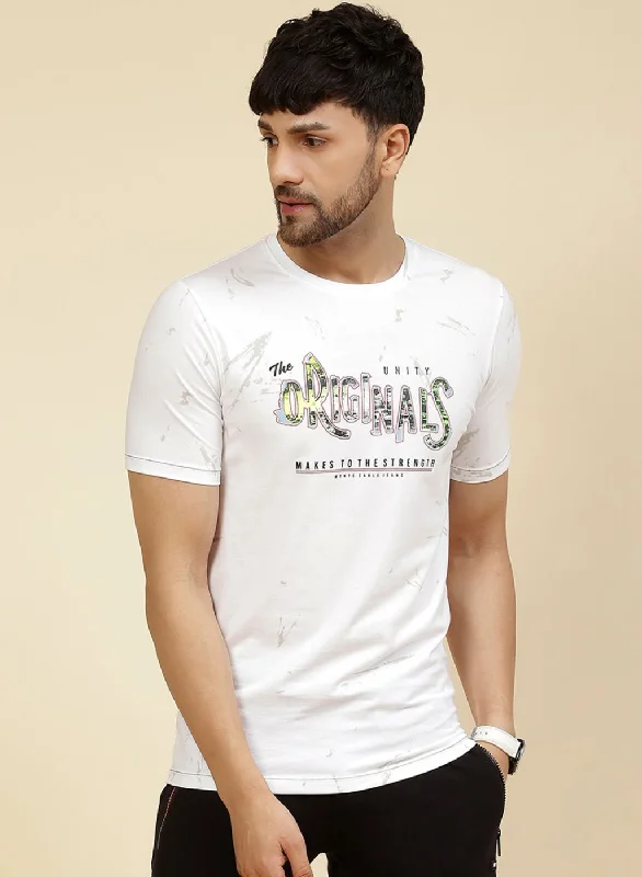 Men's short-sleeve handcrafted flax top-Men White Printed T-Shirt